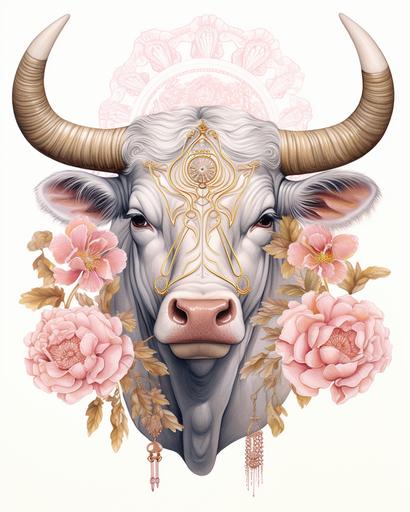 A risograph print of a Taurus bull, include lilies, include coins, include rose quartz crystals, cottage core, goth aesthetic, no background, white background --ar 8:10