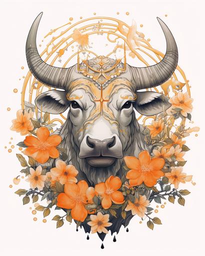 A risograph print of a Taurus bull surrounded by a wreath of tiger lilies, include coins, include quartz crystals, cottage core, goth aesthetic, no background, white background --ar 8:10