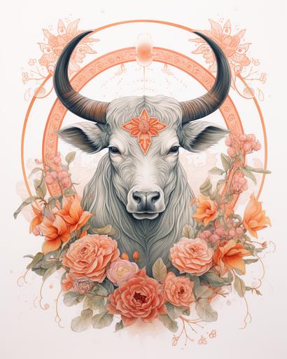 A risograph print of a Taurus bull surrounded by a wreath of tiger lilies, include coins, include quartz crystals, cottage core, goth aesthetic, no background, white background --ar 8:10
