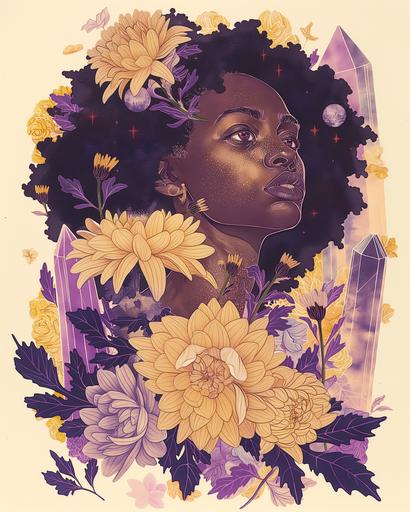A risograph print of a brown skinned Virgo woman, in yellow, purple, and brown tones, with chrysanthemum flowers, and rose quartz and amethyst crystals, earth elements, dark aesthetic, witchy, cottage core aesthetic, star core, no background --ar 4:5 --v 6.0
