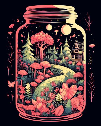 A risograph print of a terrarium in a large jar full of witchy things, herbs, plants, little animals like mice, spiders, frogs, cottage core, witchy, punk aesthetic --ar 8:10