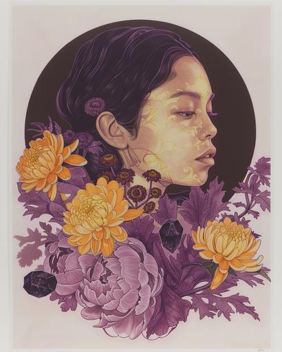 A risograph print of an Asian Virgo woman, in yellow, purple, and brown tones, with chrysanthemum flowers, and rose quartz and amethyst crystals, earth elements, dark aesthetic, witchy, cottage core aesthetic, star core, no background, white background, vignette --ar 4:5