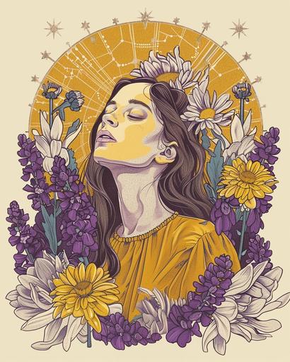 A risograph print of the Virgo maiden, in yellow, purple, and cream color tones, with chrysanthemums, rose quartz and amethyst crystals, earth elements, dark aesthetic, witchy, cottage core aesthetic, star core, no background --v 6.0 --ar 4:5