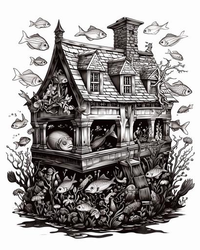 a black and white relief print of a house shaped aquarium with a toy treasure chest filled with treasure, fish skeletons floating at the the top of the aquarium, punk aesthetic, dark, spooky, witchy, 90's poster --ar 8:10
