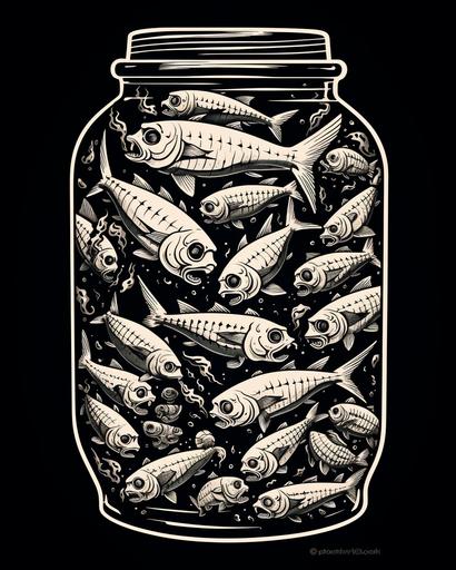 a black and white relief print of a large jar filled with fish skeletons, and treasure chest, punk aesthetic, dark, spooky, witchy, 90's poster --ar 8:10