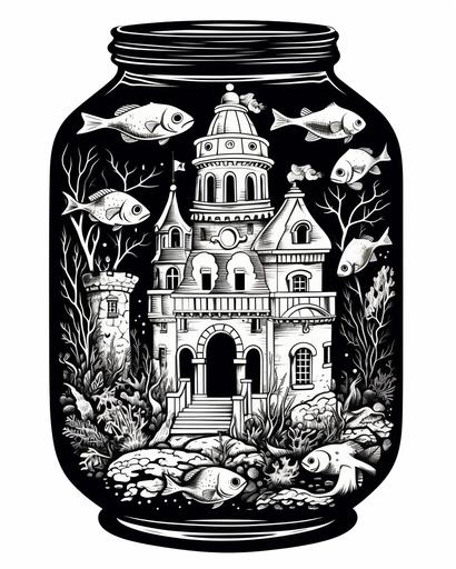 a black and white relief print of a large jar filled with skeleton fish and aquarium castles and treasure chest, punk aesthetics, dark, spooky, witchy, 90's poster --ar 8:10