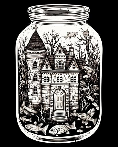 a black and white relief print of a large jar filled with skeleton fish and aquarium castles and treasure chest, punk aesthetics, dark, spooky, witchy, 90's poster --ar 8:10