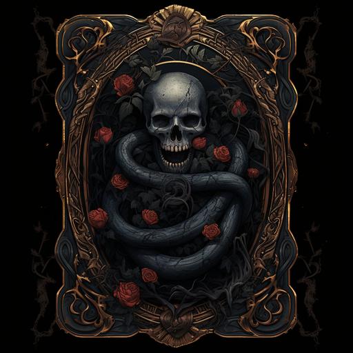 a card done in a dark academia style, within a gothic framed border, with a wreath of snakes and botanicals, and an empty space in the middle of the card