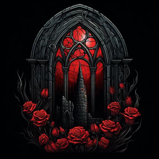 a card with a black background, in the shape of a gothic window frame, with a dark academia design including red and black roses, and an emoty space in the middle