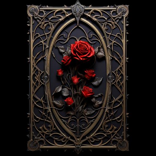 a card with a black background, in the shape of a gothic window frame, with a dark academia design including red and black roses, and an emoty space in the middle