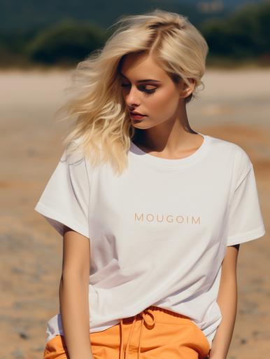 Fashion mockup | GENRE: Lifestyle | EMOTION: Stylish | SCENE: A blonde woman wearing a plain high-quality White Gildan oversized t-shirt with light orange jeans for a mockup design, with a focus on the high-resolution texture and details of the clothes. The woman is positioned against a fall themed background, with a shadow effect adding depth to the image.| ACTORS: blonde Woman | LOCATION TYPE: Studio | CAMERA MODEL: DSLR | CAMERA LENS: 50mm f/1.4 | SPECIAL EFFECTS: None | TAGS: fashion, mockup, lifestyle, stylish, high resolution, plain high-quality White Gildan oversized t-shirt, shadow effect, fall themed background --ar 9:12 --v 5.2