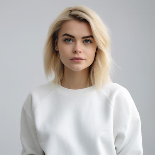 mockup of a blonde female, facing forward, wearing a white plain sweatshirt, white wall in background, hd --v 5.0