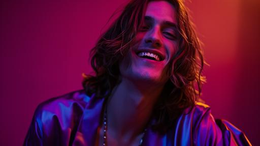 young Brazilian male model, wearing purple open robe, has long hair, smiling, luscious atmosphere, highly detailed face and eyes, givenchy fashin photoshoot, neon red and velvet lighting and color palette --ar 16:9 --style raw --v 6.0