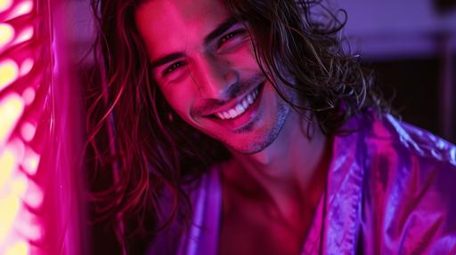 young Brazilian male model, wearing purple open robe, has long hair, smiling, luscious atmosphere, highly detailed face and eyes, givenchy fashin photoshoot, neon red and velvet lighting and color palette --ar 16:9 --style raw --v 6.0