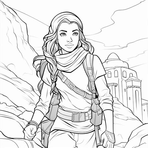 Coloring book for teens, Hispanic teen heroine adventurer hiking through Morocco, cartoon style, thick lines, no shading, low detail ar 9:11