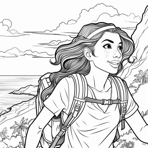 Coloring book for teens, Hispanic teen heroine adventurer hiking through hawaiian islands, cartoon style, thick lines, no shading, low detail ar 9:11