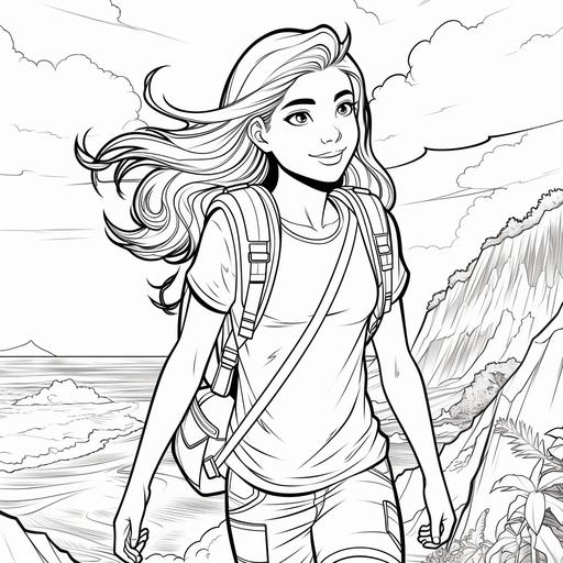 Coloring book for teens, Hispanic teen heroine adventurer hiking through hawaiian islands, cartoon style, thick lines, no shading, low detail ar 9:11