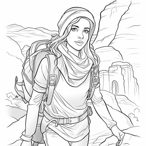 Coloring book for teens, Hispanic teen heroine adventurer hiking through Morocco, cartoon style, thick lines, no shading, low detail ar 9:11