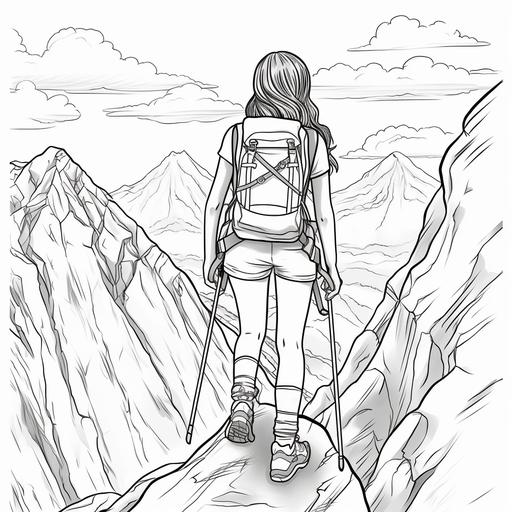 Coloring book for teens, Hispanic teen heroine adventurer hiking half dome, cartoon style, thick lines, no shading, low detail ar 9:11