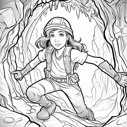 Coloring book for teens, Hispanic teen heroine adventurer spelunking down a large cave, cartoon style, thick lines, no shading, low detail ar 9:11