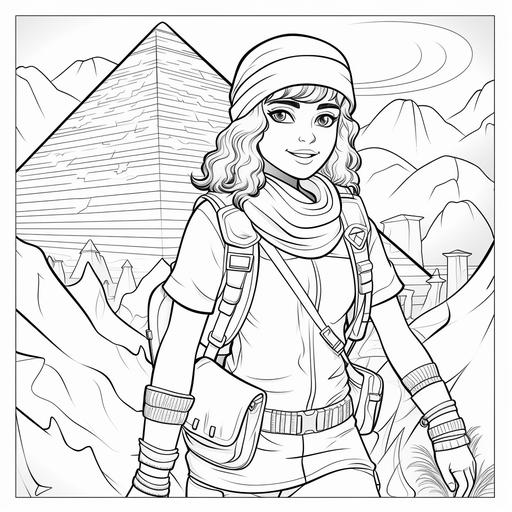 Coloring book for teens, Hispanic teen heroine adventurer exploring the egyptian pyramids, cartoon style, thick lines, no shading, low detail ar 9:11