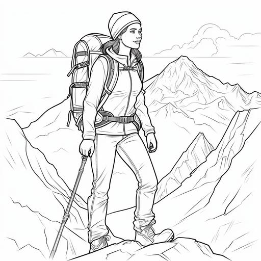 Coloring book for teens, Hispanic teen heroine adventurer hiking snow peaked moutains in winter clothing gear, cartoon style, thick lines, no shading, low detail ar 9:11