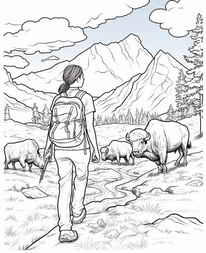 Coloring book for teens, Hispanic young woman heroine adventurer hiking through Yellowstone national park with old faithful and buffaloes, cartoon style, thick lines, no shading, black and white, low detail --ar 9:11