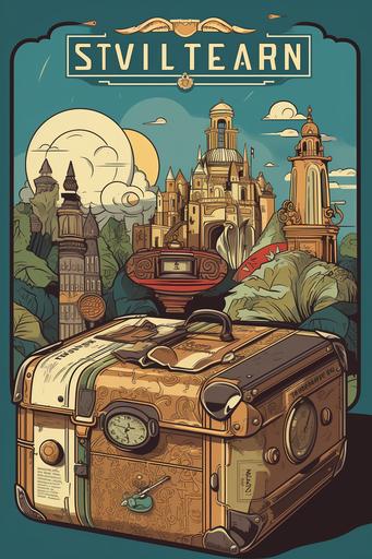 Create an eye-catching cover featuring retro-style design with classic travel symbols like old suitcases, vintage postcards, and aged maps, vivid colors, thick lines --ar 2:3