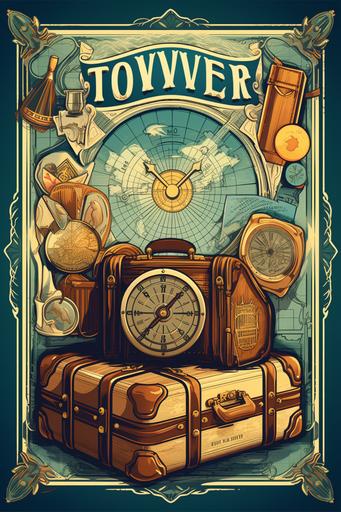 Create an eye-catching cover featuring retro-style design with classic travel symbols like old suitcases, vintage postcards, and aged maps, vivid colors, thick lines --ar 2:3