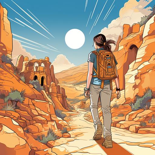 Teen illustration, Hispanic teen heroine adventurer hiking through Morocco, cartoon style, thick lines, no shading, low detail, vivid color ar 9:11