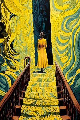 artistic interpretation of book The Yellow Wallpaper by Charlotte Perkins Gilman based on the book's plot, main theme and characters, vivid colors, thick lines --ar 2:3