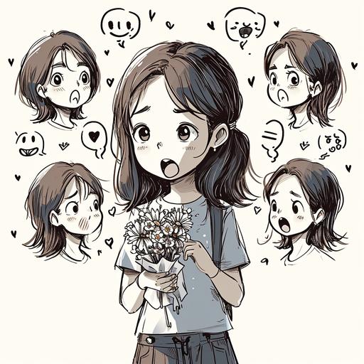 A little girl with long hair, tied in a ponytail, holding flowers in her hand, with various shapes and expressions on the front, emoticons in white painting style, dark white, light beige, loose gestures, simple lines, lacquer painting, thick textures, cute style, illustrated emoticons, bold comic line style, dynamic shapes in dark white, nine grid layout, white background, ultra-high definition, 8k niji 5-v6.0-v6.0 --v 6.0