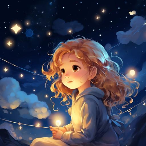 cute girls,stars,sparkling stars,moon,starry sky at night,many stars,soft lighting,highest quality,8k,water color pencil illustration style,beautiful visual effects,ramantic,cute style