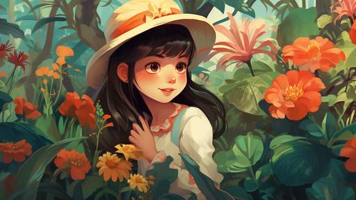 Introduce Lily, a young girl with a straw hat and a watering can. She is tending to her vibrant garden, surrounded by a variety of flourishing plants. The children watch her with admiration, capturing the essence of her nurturing spirit, illustrations, CMYK Color, --ar 16:9