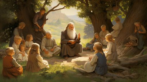 The children hold hands, forming a circle around the garden. Their eyes are closed in meditation. The wise old teacher Master long white beard Alistair stands at the center(backside view of old techer), guiding them through a moment of reflection, Illustrations, CMYK Color, --ar 16:9