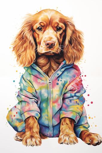 A drawing of a full body, fluffy cute puppy irish setter, dressed in onesie, colorful bright pastel print pattern, on a sofa, white background --ar 2:3