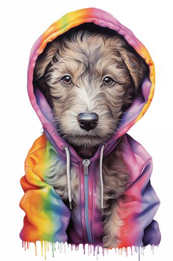 A drawing of a full body, fluffy cute puppy irish wolfhound puppy, overly big sad eyes, dressed in onesie, colorful bright pastel print pattern, white background --ar 2:3