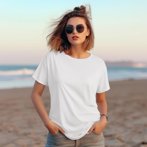 Bella & Canvas 3001, white blank oversized t-shirt, no graphics mockup, not tucked in, full body women with short brown hair and highlights, summer theme --s 50