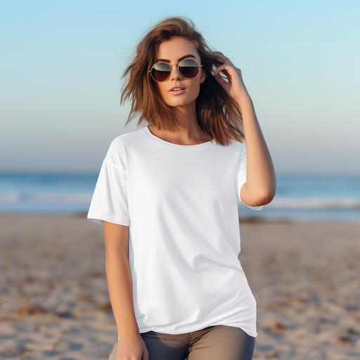 Bella & Canvas 3001, white blank oversized t-shirt, no graphics mockup, not tucked in, full body women with short brown hair and highlights, summer theme --s 50