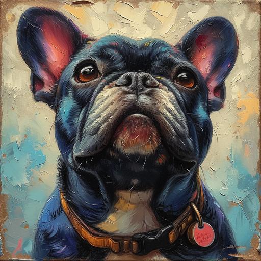 Black French bulldog dog portrait, leather color, dog tag, thick colorful acrylic strokes in blues, greens, yellows pinks, Masterpiece, best quality, high-quality, soft detail, natural lighting, hints of stong colors here and there, strong colors, white background --s 750 --v 6.0