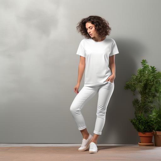 Image_Type: Fashion Mockup, Genre: Lifestyle, Emotion: Stylish, Scene: A young, plus-size, pretty woman, wearing a high-quality, no wrinkle, white t-shirt for a mockup design, with a focus on high-resolution, texture and details on the cothes. The Woman is postion with one leg back, foot against the yellow brick wall background, with a shadow effect adding depth to the image. Actors: woman, with black hair. The women is holding her long hair up in back. Location type: Country medow with a few small, blue flowers. Camera Model: DLSR, Specal Effects: None, Tags; Fashion Model, Lifestyle Stylish, High Resolution, High-Quality, clothes, Shdow Effect, yellow brick wall, country field, blue flowers background ar 9:12 v 6