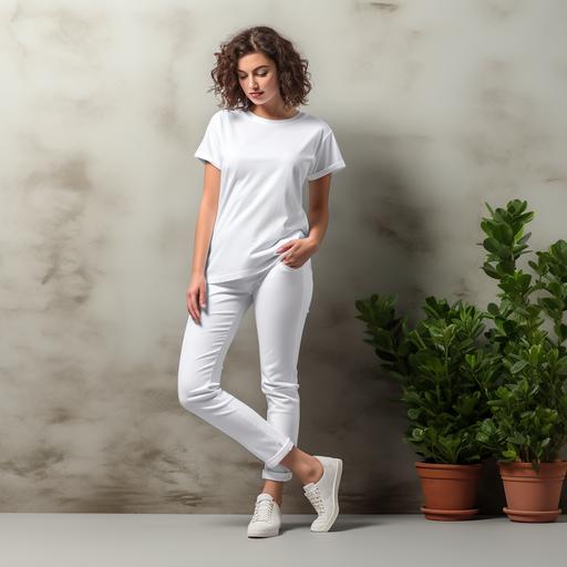 Image_Type: Fashion Mockup, Genre: Lifestyle, Emotion: Stylish, Scene: A young, plus-size, pretty woman, wearing a high-quality, no wrinkle, white t-shirt for a mockup design, with a focus on high-resolution, texture and details on the cothes. The Woman is postion with one leg back, foot against the yellow brick wall background, with a shadow effect adding depth to the image. Actors: woman, with black hair. The women is holding her long hair up in back. Location type: Country medow with a few small, blue flowers. Camera Model: DLSR, Specal Effects: None, Tags; Fashion Model, Lifestyle Stylish, High Resolution, High-Quality, clothes, Shdow Effect, yellow brick wall, country field, blue flowers background ar 9:12 v 6