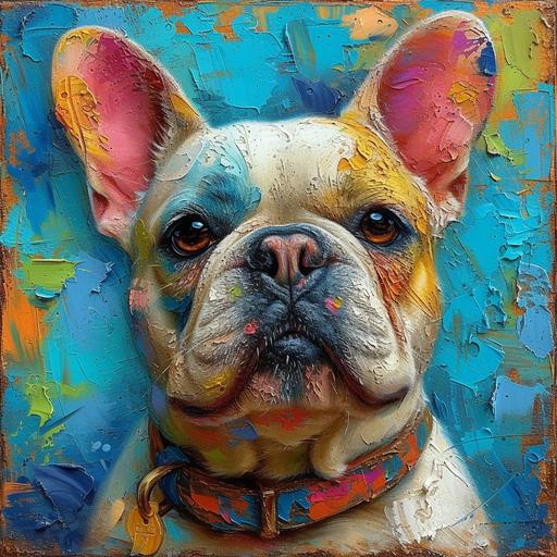 White French bulldog dog portrait, leather color, dog tag, thick colorful acrylic strokes in blues, greens, yellows pinks, Masterpiece, best quality, high-quality, soft detail, natural lighting, hints of stong colors here and there, strong colors, white background --s 750 --v 6.0