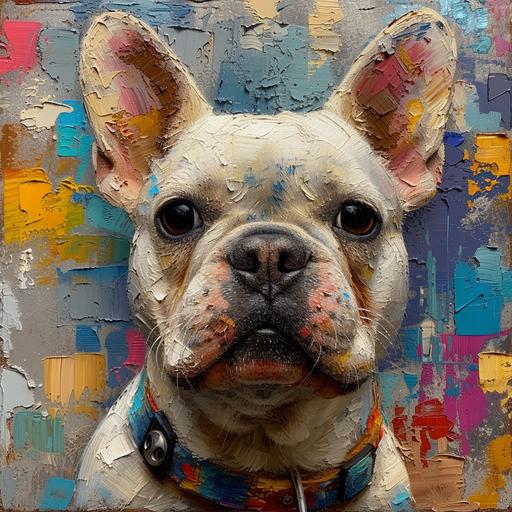 White French bulldog dog portrait, leather color, dog tag, thick colorful acrylic strokes in blues, greens, yellows pinks, Masterpiece, best quality, high-quality, soft detail, natural lighting, hints of strong colors here and there, strong colors, white background --s 750 --v 6.0