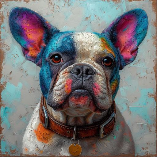 White French bulldog dog portrait, leather color, dog tag, thick colorful acrylic strokes in blues, greens, yellows pinks, Masterpiece, best quality, high-quality, soft detail, natural lighting, hints of stong colors here and there, strong colors, white background --s 750 --v 6.0
