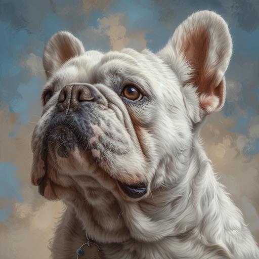 White French bulldog portrait. Masterpiece, best quality, high-quality, detailed, intricately detailed, hyper-detailed, natural lighting, Super resolution, Photorealistic, vibrant colors, strong colors --s 750 --v 6.0