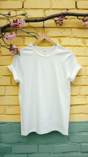 a White Bella   Canvas 3001 T-shirt, shirt is smooth with no wrinkles or bumbs, on a hanger attatched to a branch colorful light yellow-green brick background --ar 9:16 --v 6.0