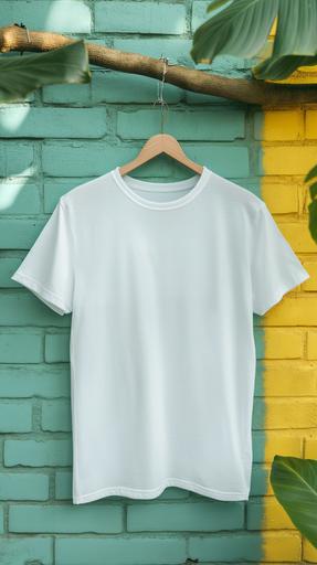 a White Bella   Canvas 3001 T-shirt, shirt is smooth with no wrinkles or bumbs, on a hanger attatched to a branch colorful light yellow-green brick background --ar 9:16 --v 6.0