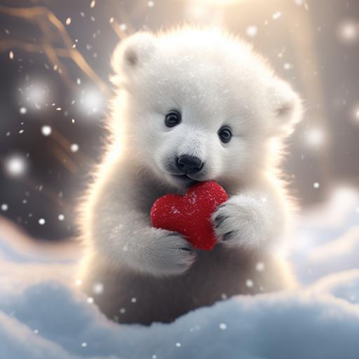 a cute polar bear cub in the snow holding a red heart pillow with light snow flacks falling down