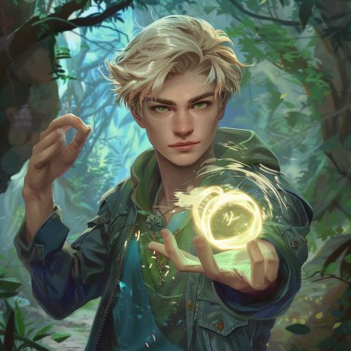 create a young man with light blond hair, green eyes, who wears streetwear, in the palm of his hand he holds a swirling ball of energy. This is set in a fantasy village.